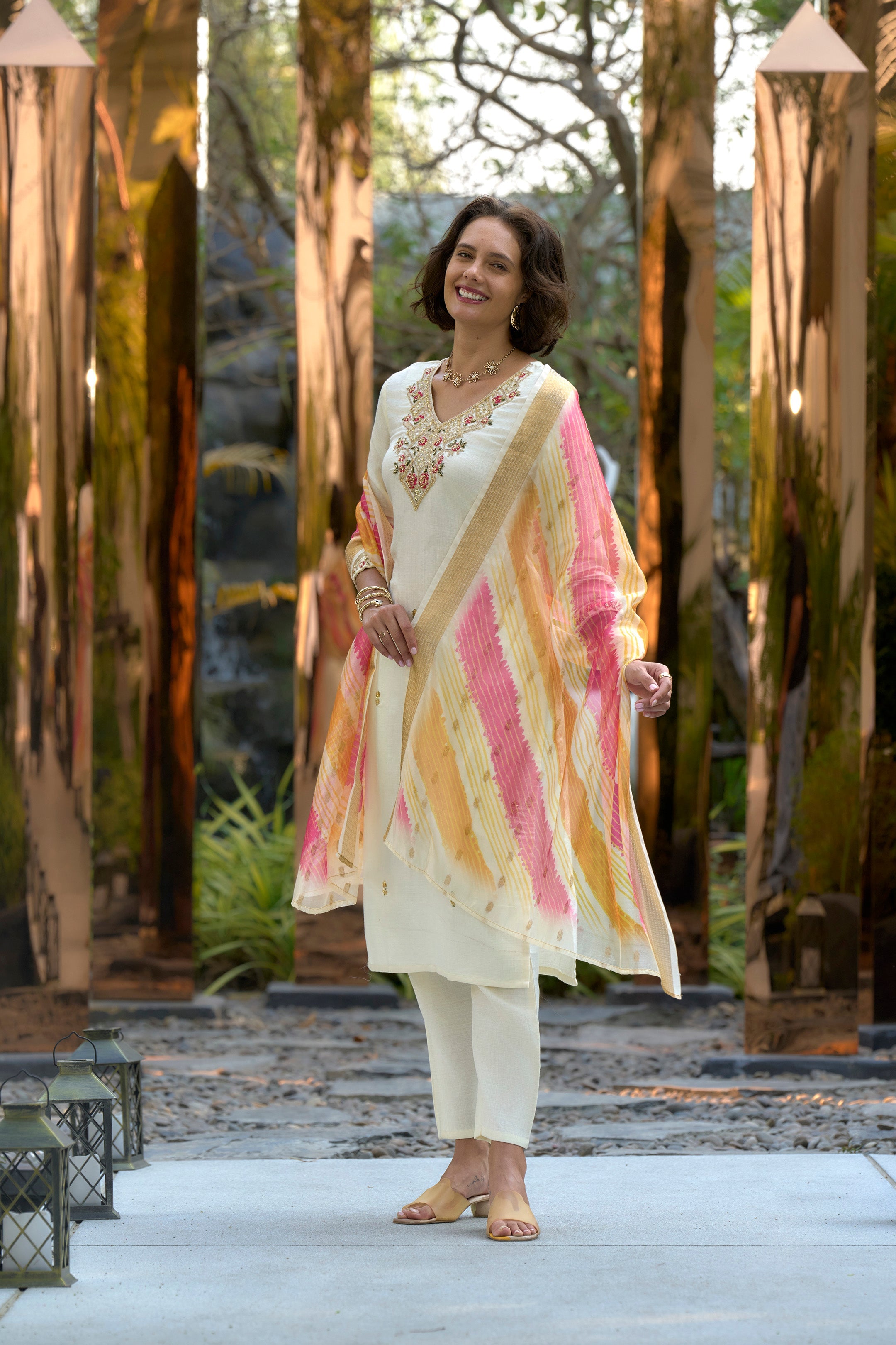 Cream Vatican Kurti Set with Chanderi Butti Dupatta